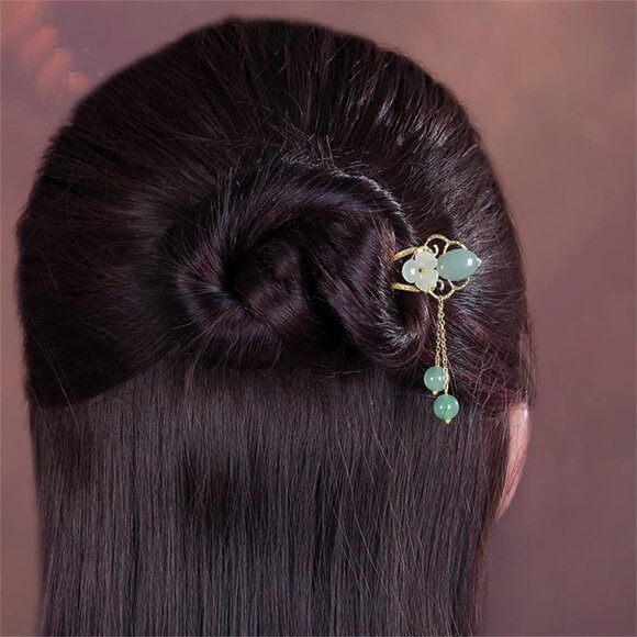 Jade Flower Hair Pins Women Girls Hair Stick Retro Hanfu U Shape Accessories - Picture 4 of 9